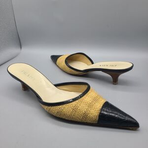 Prada Raffia & Leather Kitten Heel Mules Black Pointed Toe Slip On  sz 9/ 39